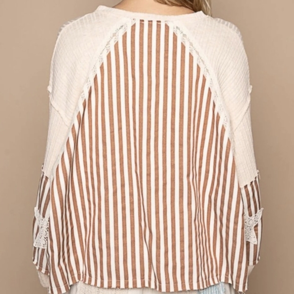 POL Striped V-Neck Top Lace Star Sleeves Balloon Brown Cream Size M NWT - Picture 3 of 12